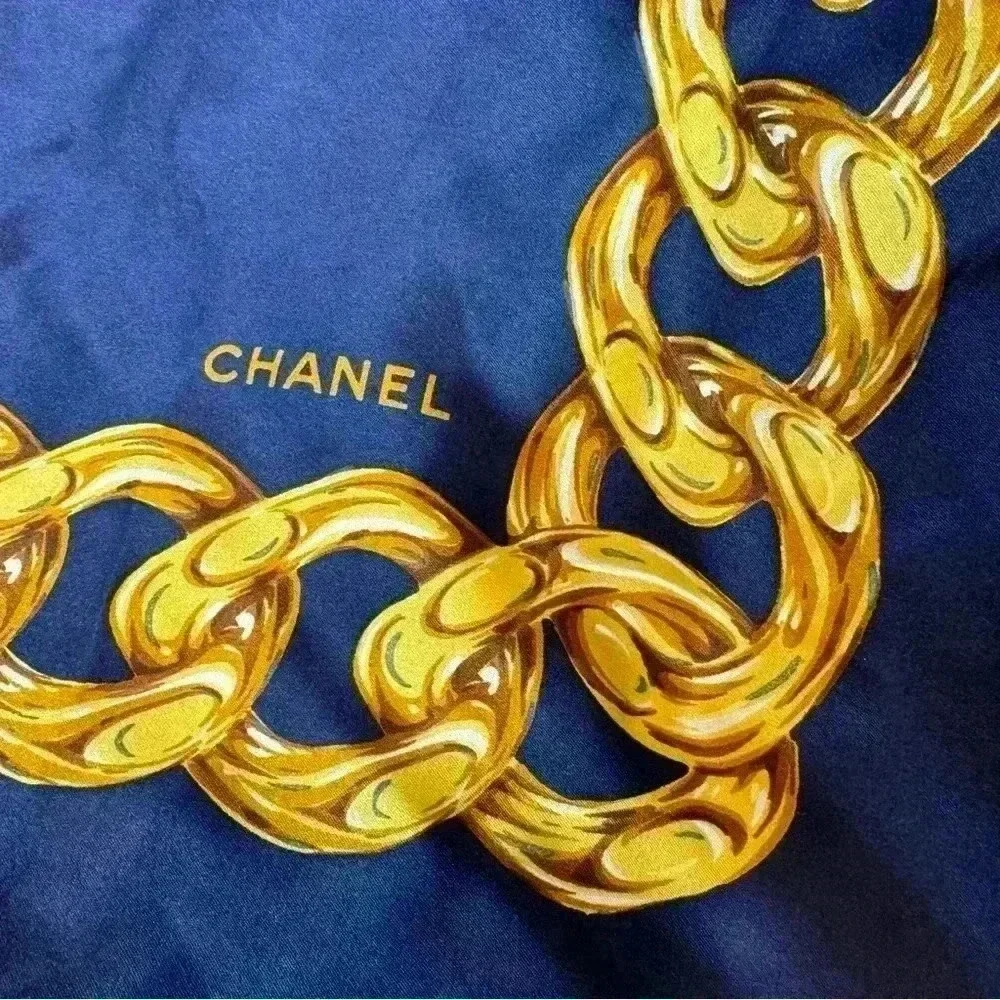 AUTHENTIC CHANEL SILK navy scarf logo chain camellia